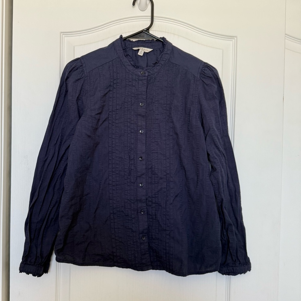 Lucky Brand Navy Blue Long Sleeve Blouse Peasant Cottage Ruffle Texture Highneck